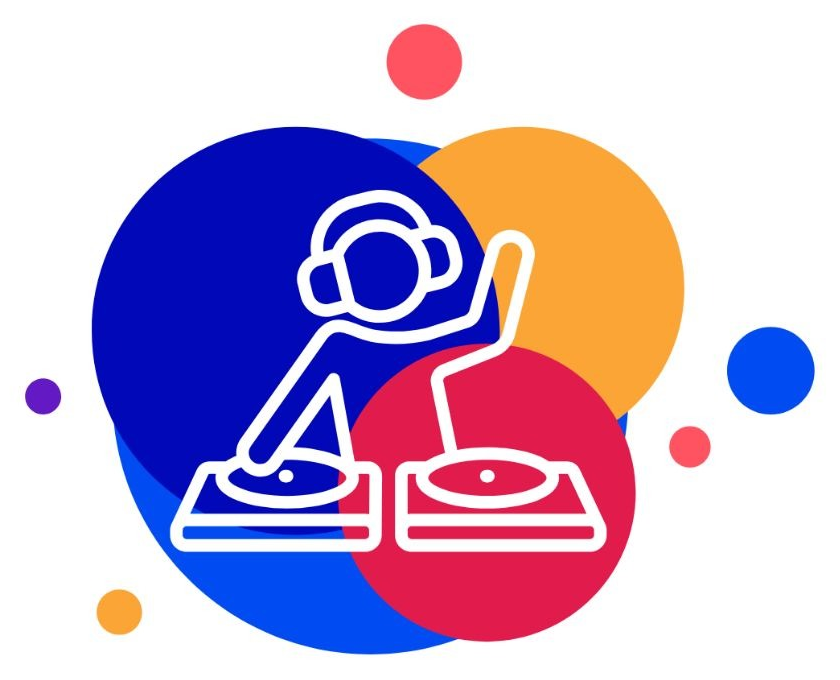 Ilustração de um DJ nos toca-discos sobre círculos coloridos